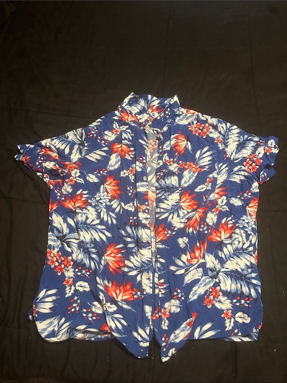 Goodfellow & Co Blue Floral Short Sleeve Button-Down Shirt with Red Accents